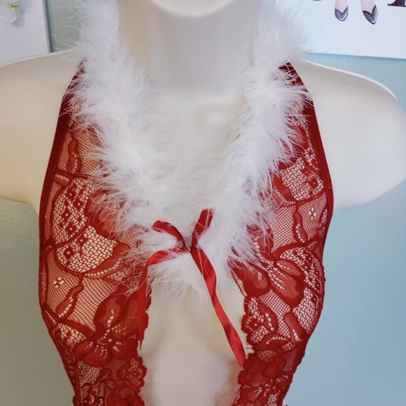 Avidlove Women's Lingerie Red Halter V Neck Lace Teddy - Picture 3 of 8